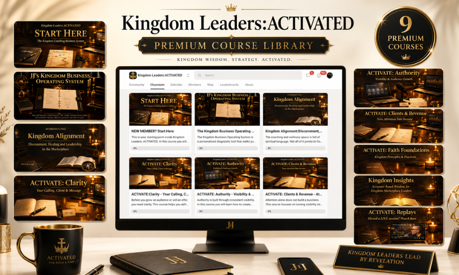 Kingdom Leaders ACTIVATED Premium Course Library showing 9 courses inside the Skool classroom